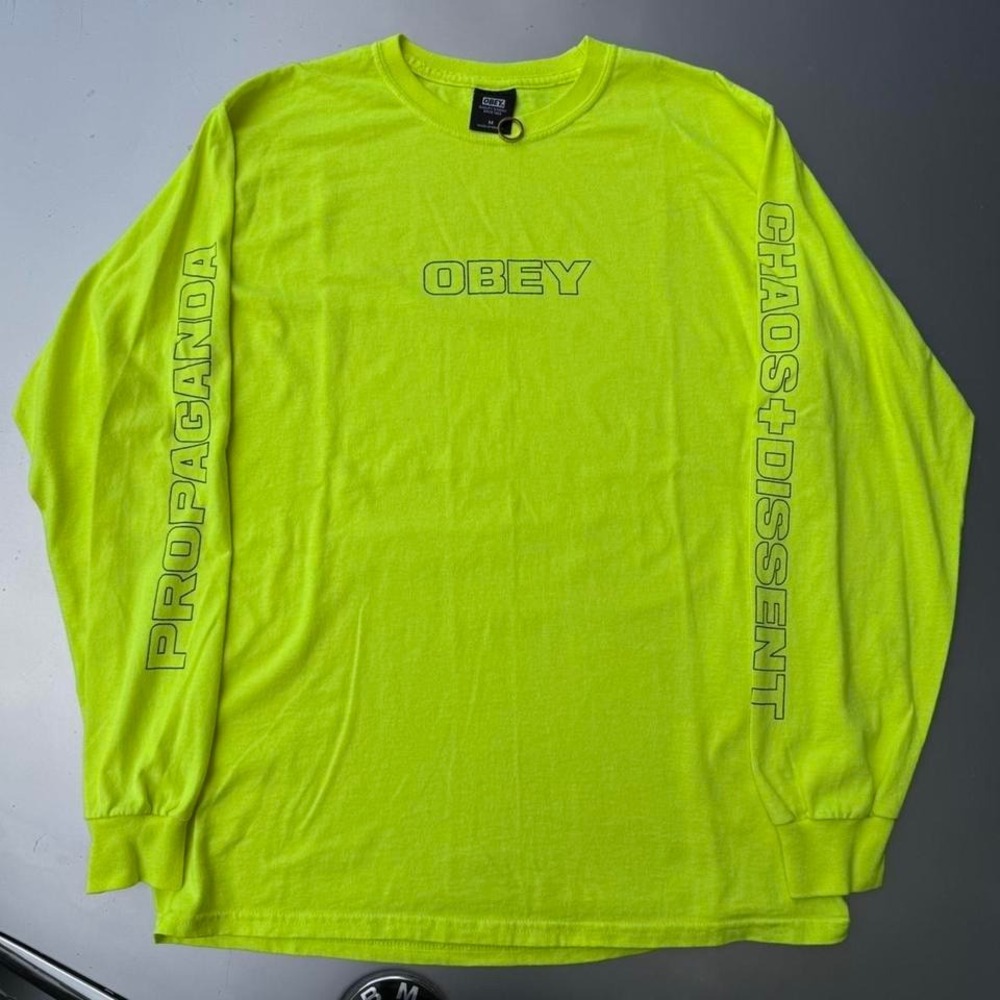 Early 2000s Chaos + Dissent Neon green Obey Propaganda long sleeve shirt